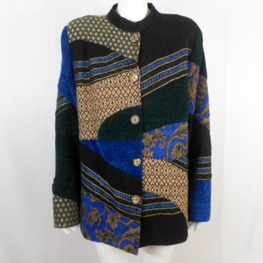 Indigo Moon Embroidered Jacket sz L Blue Tan Black Tapestry Patchwork